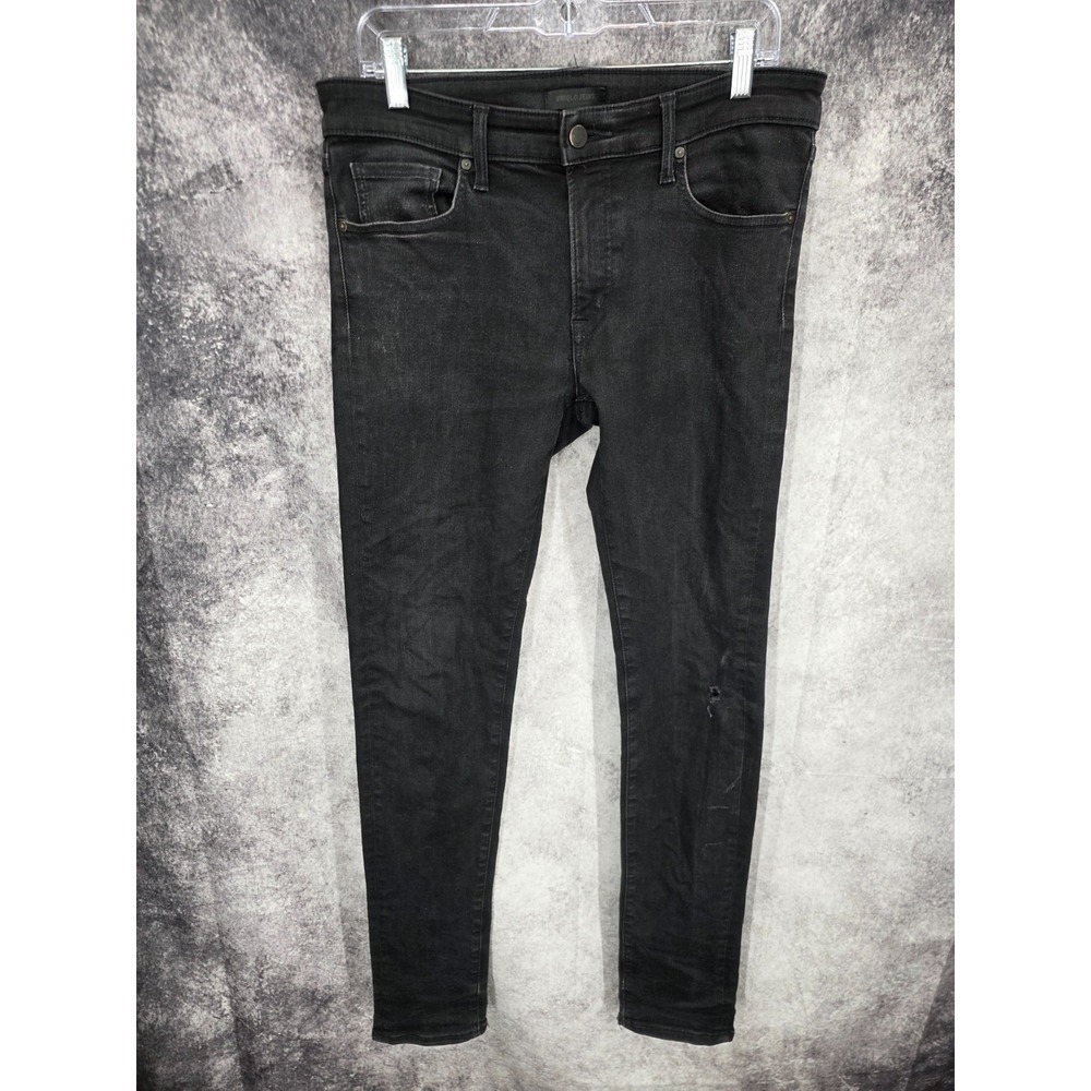 Uniqlo Jeans Mens 33 X 34 Black Skinny Leg Mid Rise Dark Wash Stretch Denim‎